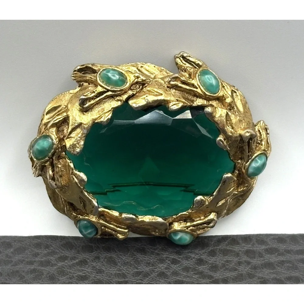 Vintage Large Signed Brooch Green Marble Cabochons Gold Tone High End Quality
